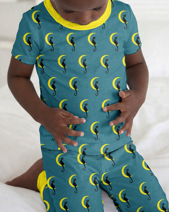 Black Cat Crescent Moon Celestial Night Bamboo Two Piece Short Sleeve Pajama Set