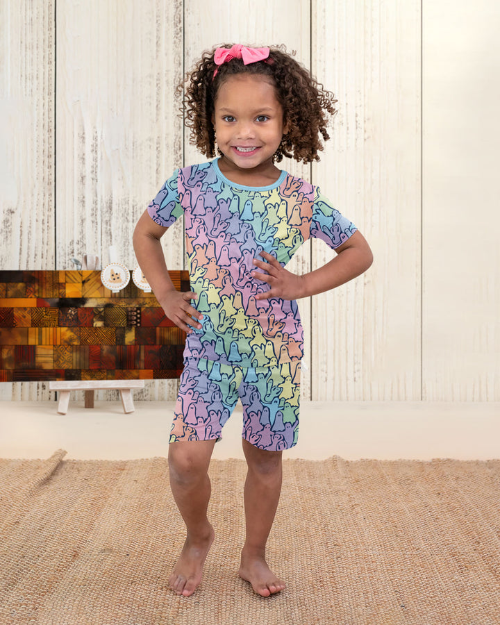Pastel Rainbow Ghost Halloween Bamboo Two Piece Short Sleeve Shorts Pajama Set