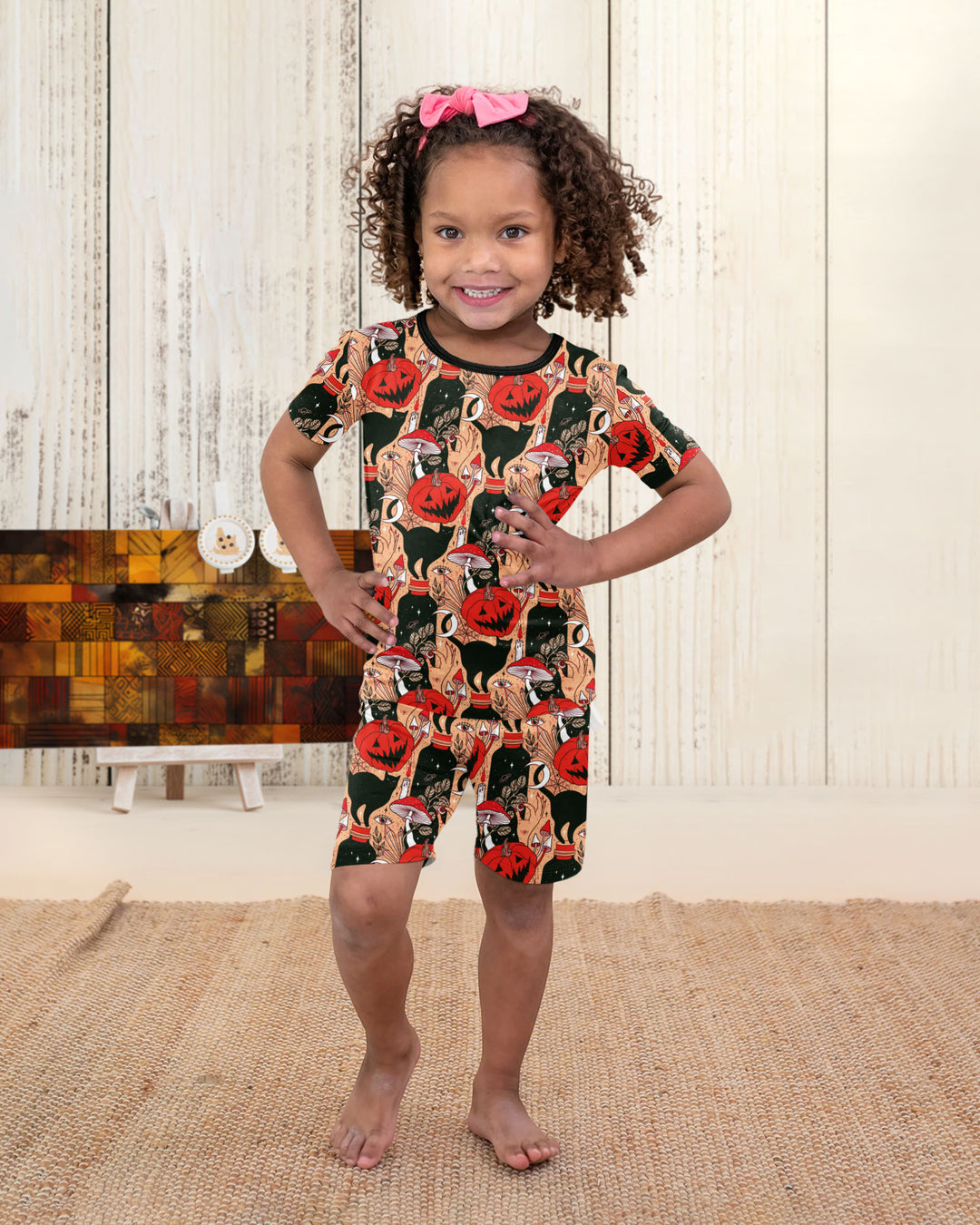 Black Cat And Pumpkin Halloween Bamboo Two Piece Short Sleeve Shorts Pajama Set