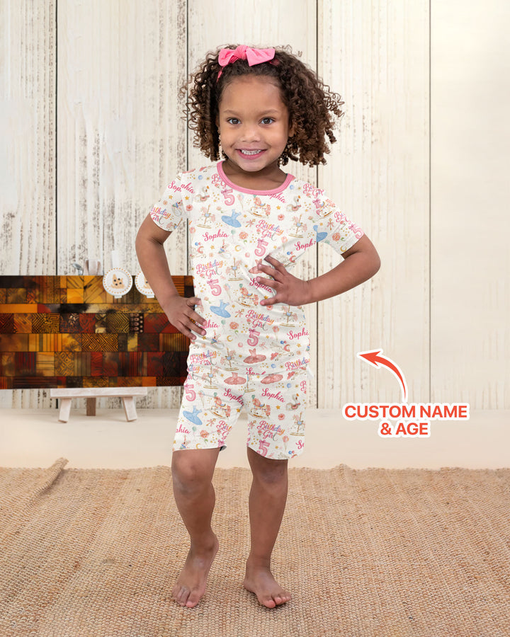 Ballerina Birthday Girl Custom Name & Age Bamboo Two Piece Short Sleeve Shorts Pajama Set