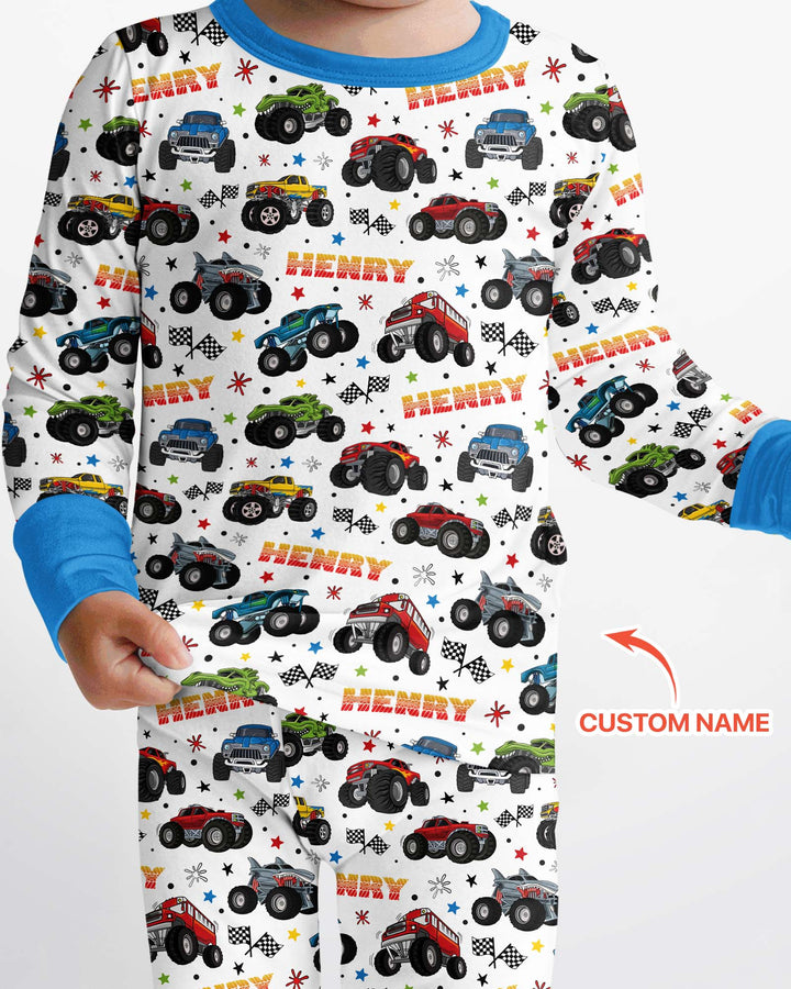 Personalized Monster Trucks Bamboo Two Piece Long Sleeve Pajama Set