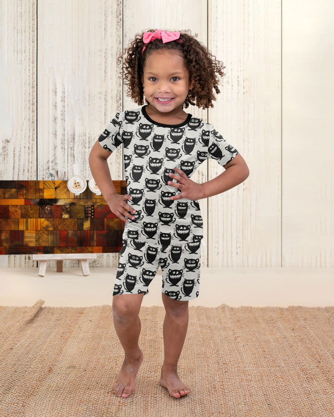 Halloween Monster Cats Bamboo Two Piece Short Sleeve Shorts Pajama Set