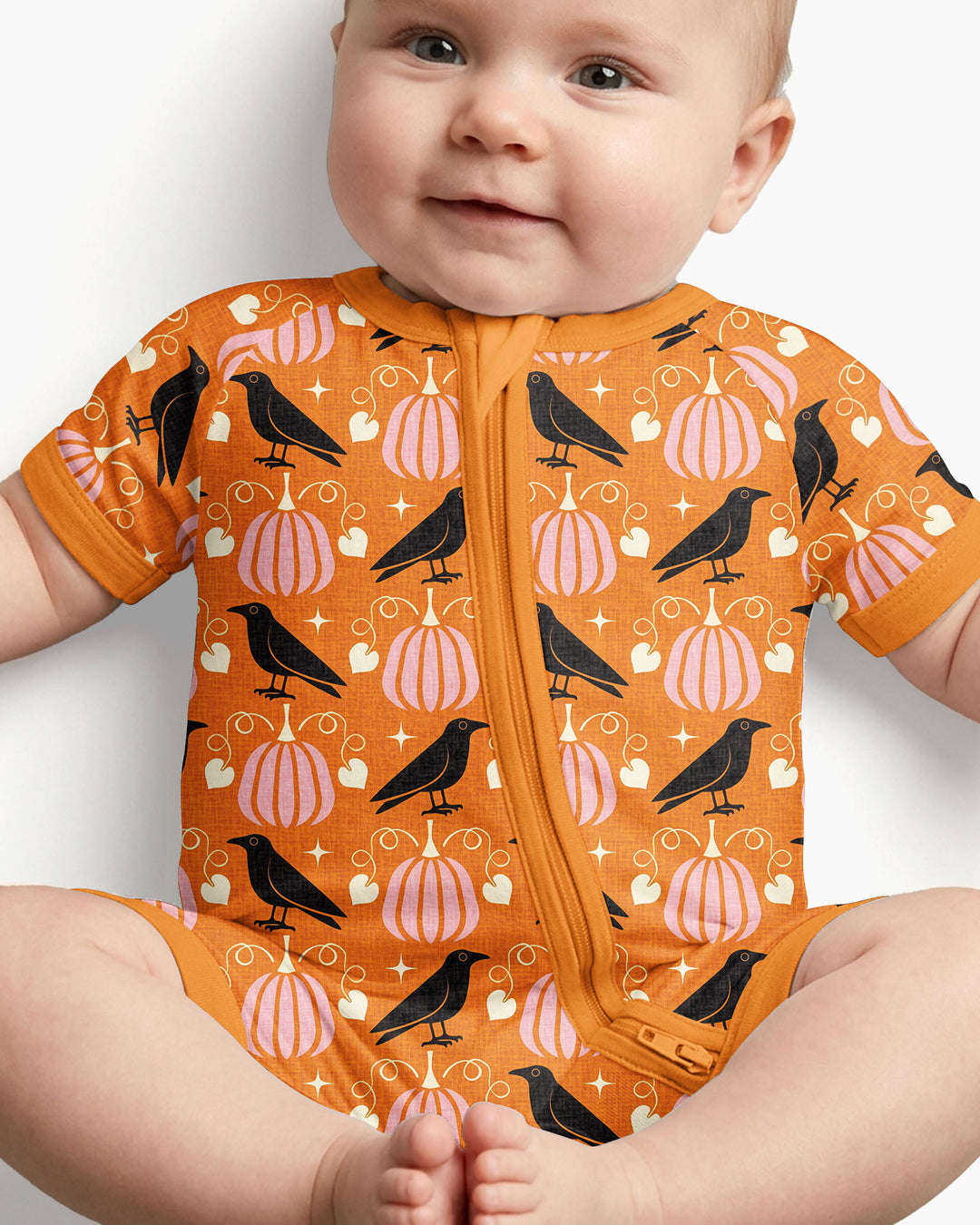 Ravens in a Pumpkin Patch - Orange Pink Bamboo Shorty Zippy
