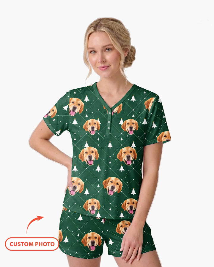Custom Photo With Christmas Pattern Pajamas Bamboo Women Short Sleeve Short Pajama Set