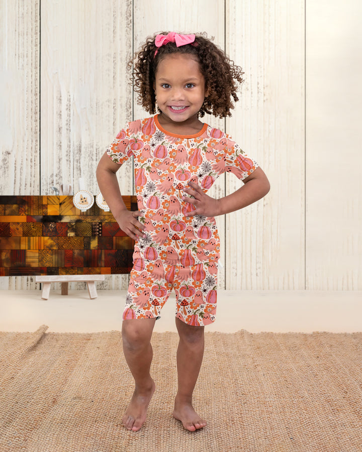 Pink Ghost Pumpkin Fall Floral Halloween Bamboo Two Piece Short Sleeve Shorts Pajama Set