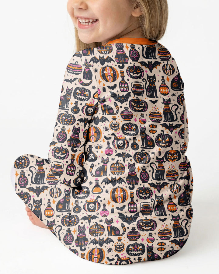 Whimsical Tribal Retro Halloween Black Cats Pumpkins Bamboo Two Piece Long Sleeve Pajama Set
