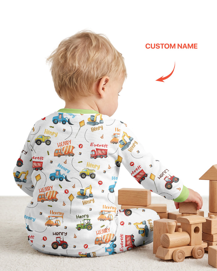 Construction Vehicles Custom Name Bamboo Two Piece Long Sleeve Pajama Set