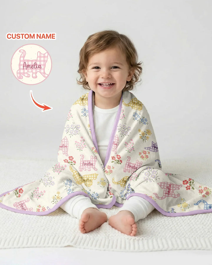 Gingham Cats Custom Name Bamboo Blanket