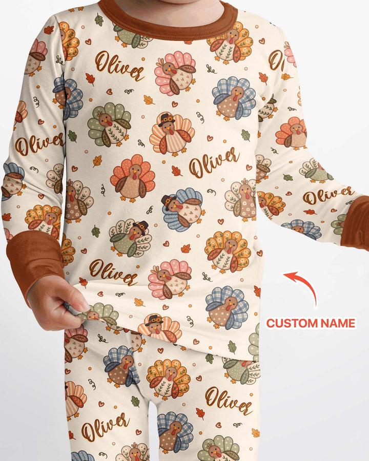 Custom Name Boho Turkey Bamboo Two Piece Long Sleeve Pajama Set