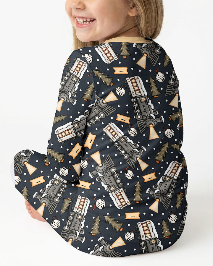Custom Name Believe Kid Train Bamboo Two Piece Long Sleeve Pajama Set
