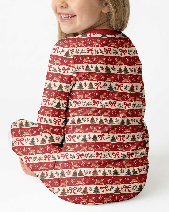 Vintage Reindeer Christmas Stripes Bamboo Two Piece Long Sleeve Pajama Set