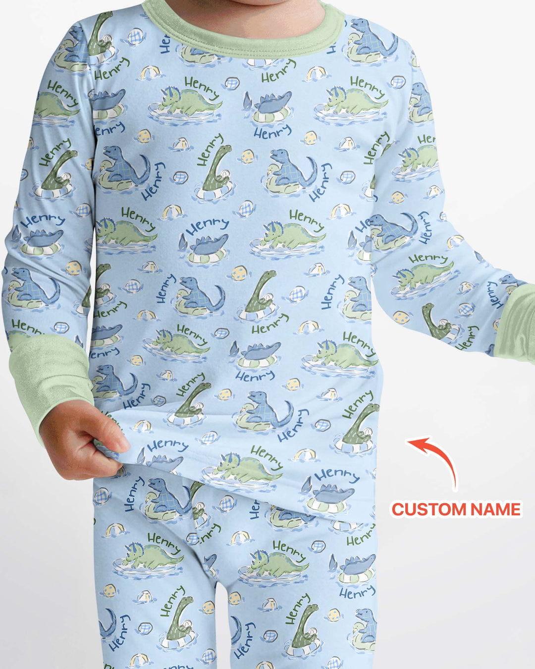 Dinos Swimming Custom Name Bamboo Two Piece Long Sleeve Pajama Set