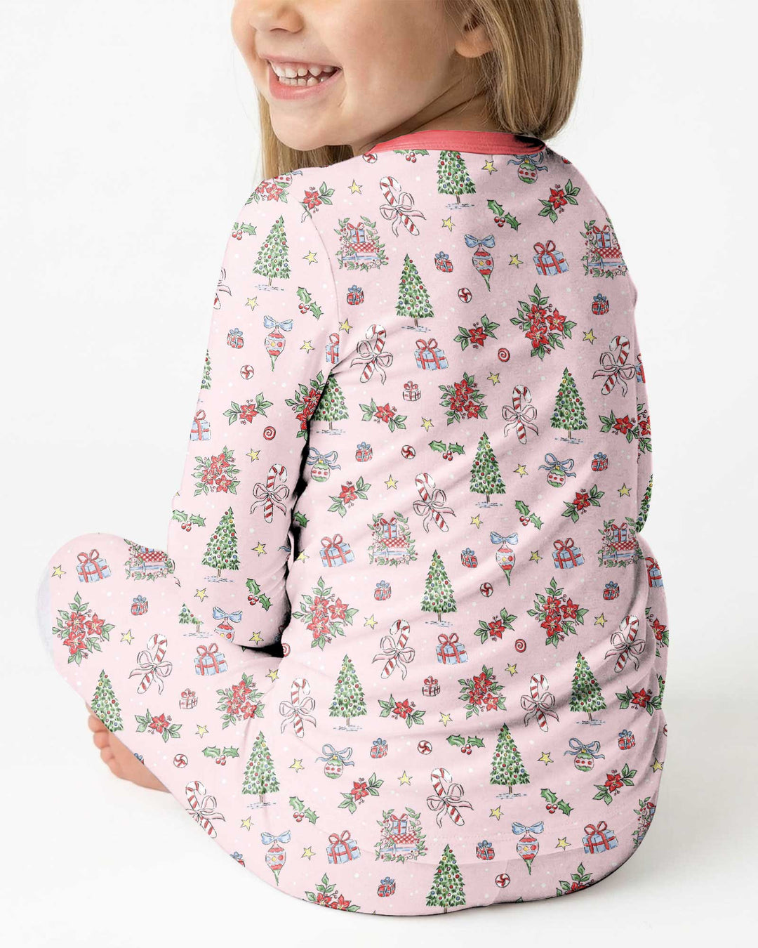 Watercolor Pink Christmas Holidays Christmas Tree Gifts Candy Cane Bamboo Two Piece Long Sleeve Pajama Set