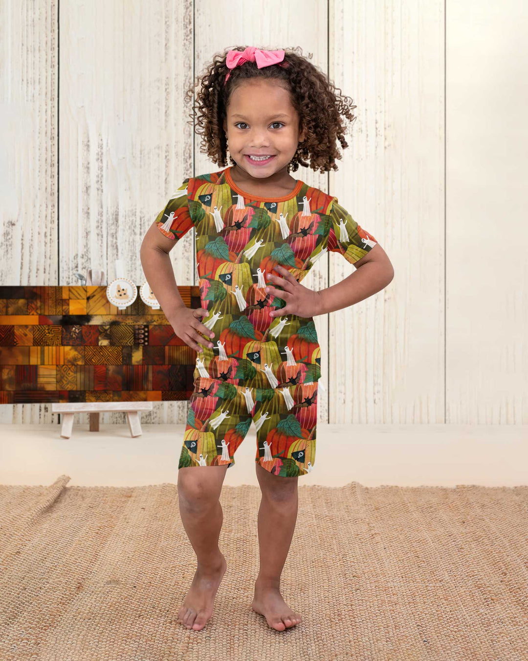 Big Pumpkin Field With Ghosts Bamboo Two Piece Short Sleeve Shorts Pajama Set