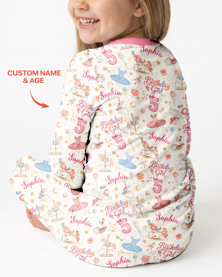 Ballerina Birthday Girl Custom Name & Age Bamboo Two Piece Long Sleeve Pajama Set
