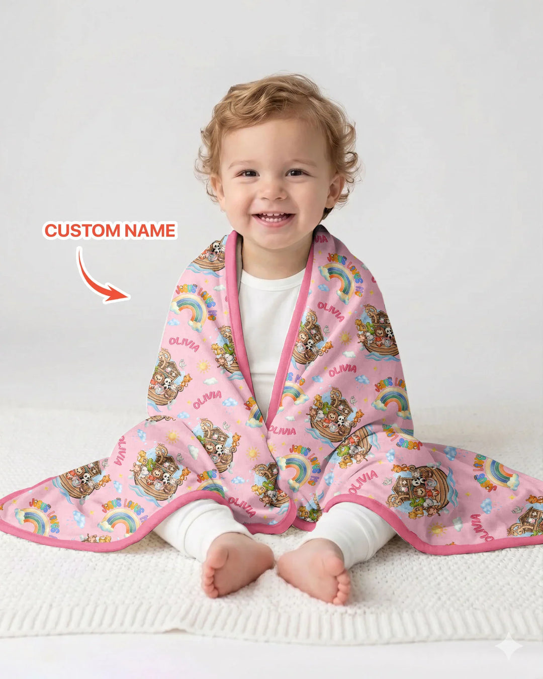 Custom Name Jesus Loves Me Noah's Ark Bamboo Blanket