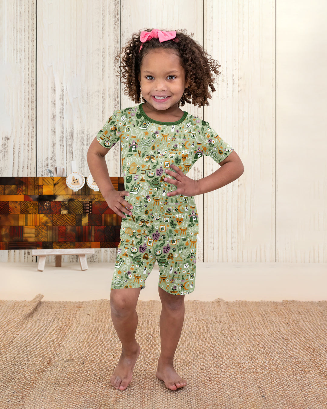 Boho Witchy Celestial Magic Floral Bamboo Two Piece Short Sleeve Shorts Pajama Set