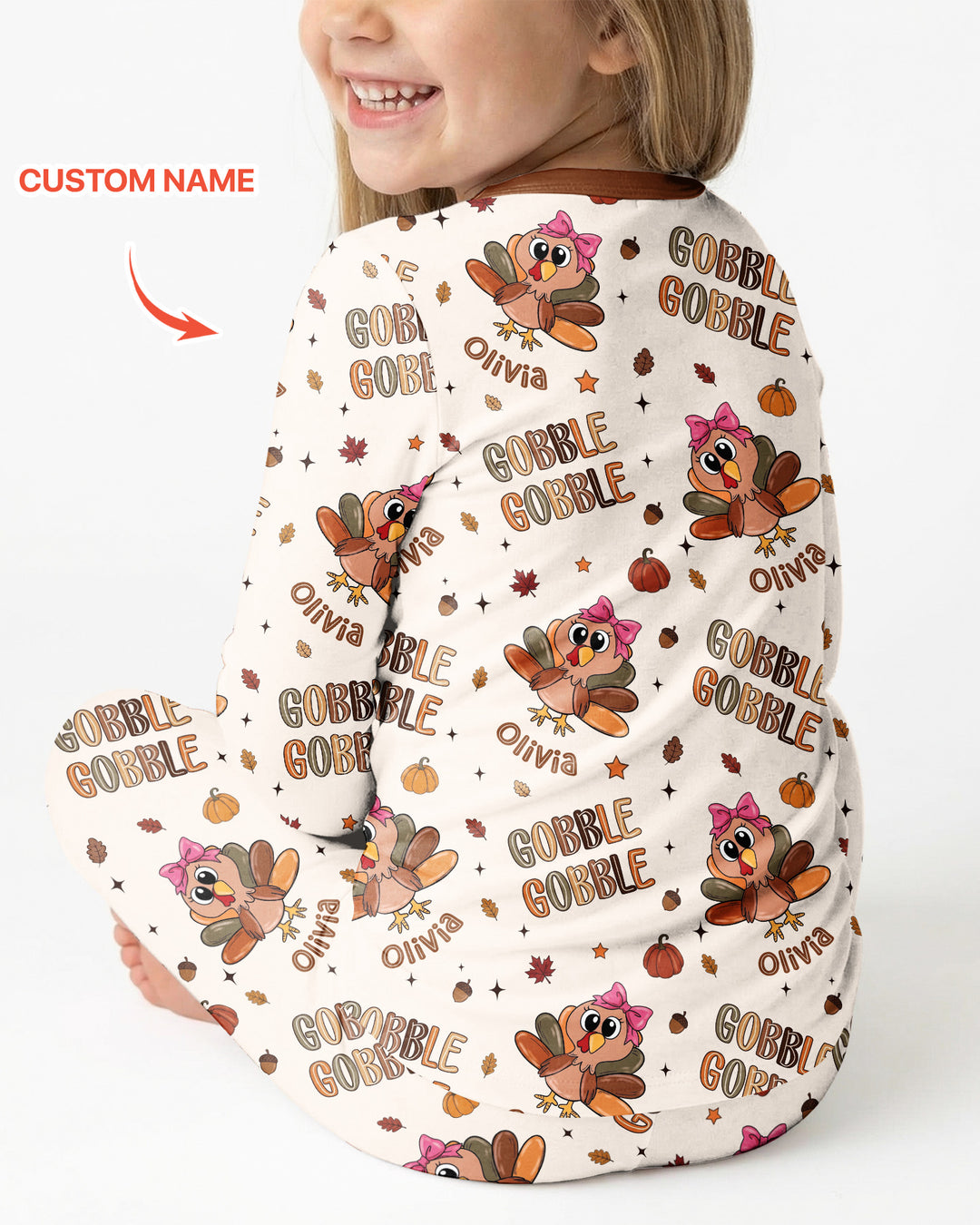 Custom Name Gobble Gobble Bamboo Two Piece Long Sleeve Pajama Set