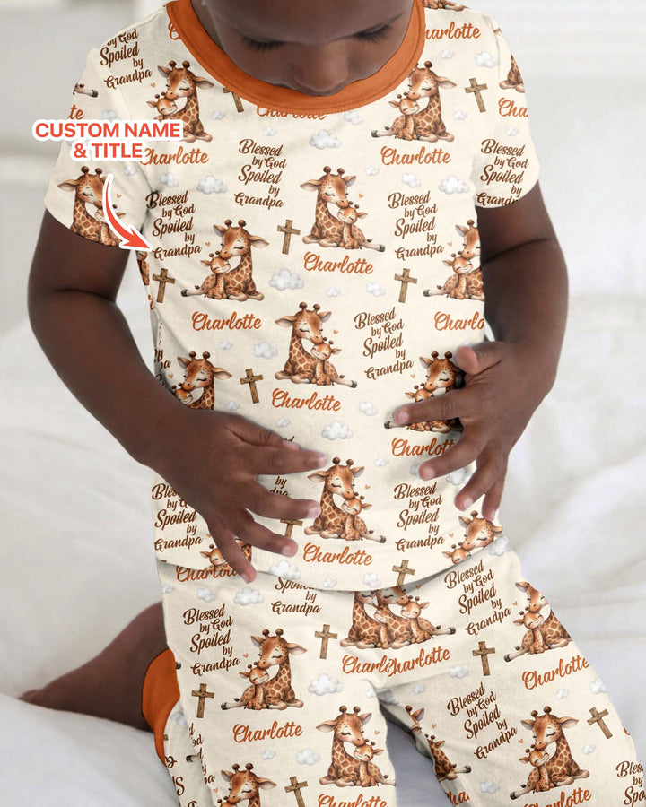 Custom Name Blessed By God Spoiled By Grandma Bamboo Two Piece Short Sleeve Pajama Set