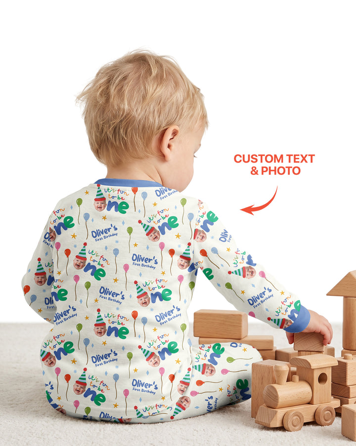 Custom Photo First Birthday Fun Bamboo Two Piece Long Sleeve Pajama Set