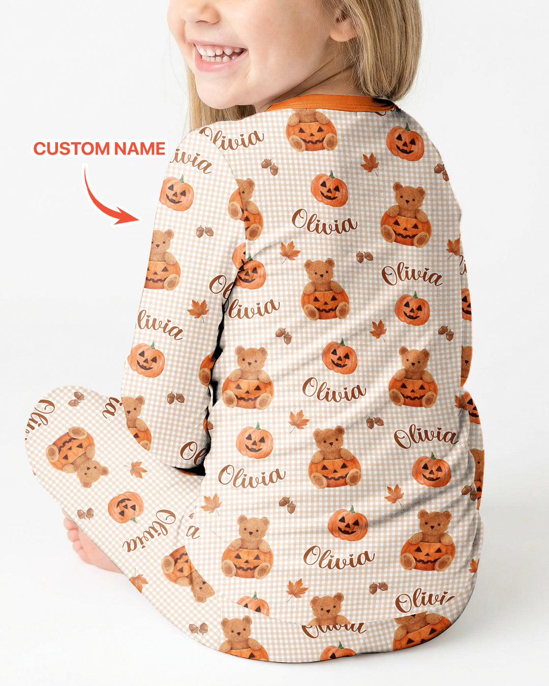 Custom Name Pumpkin Teddy Bamboo Two Piece Long Sleeve Pajama Set