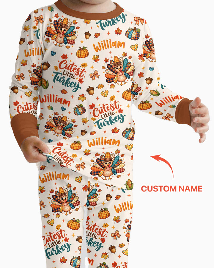 Custom Name Cutest Little Turkey Bamboo Two Piece Long Sleeve Pajama Set