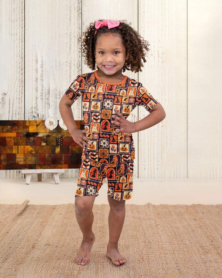 Retro Halloween Patchwork Icons Bamboo Two Piece Short Sleeve Shorts Pajama Set