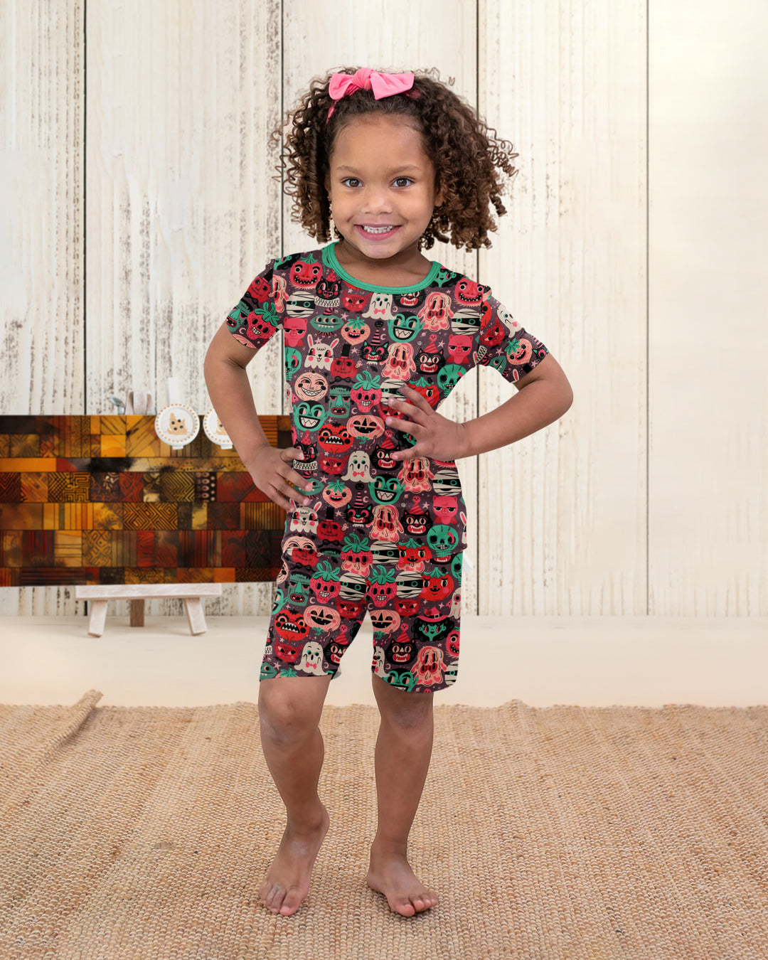 Retro Halloween Monsters Ghost Pumpkin Mummy Bamboo Two Piece Short Sleeve Shorts Pajama Set
