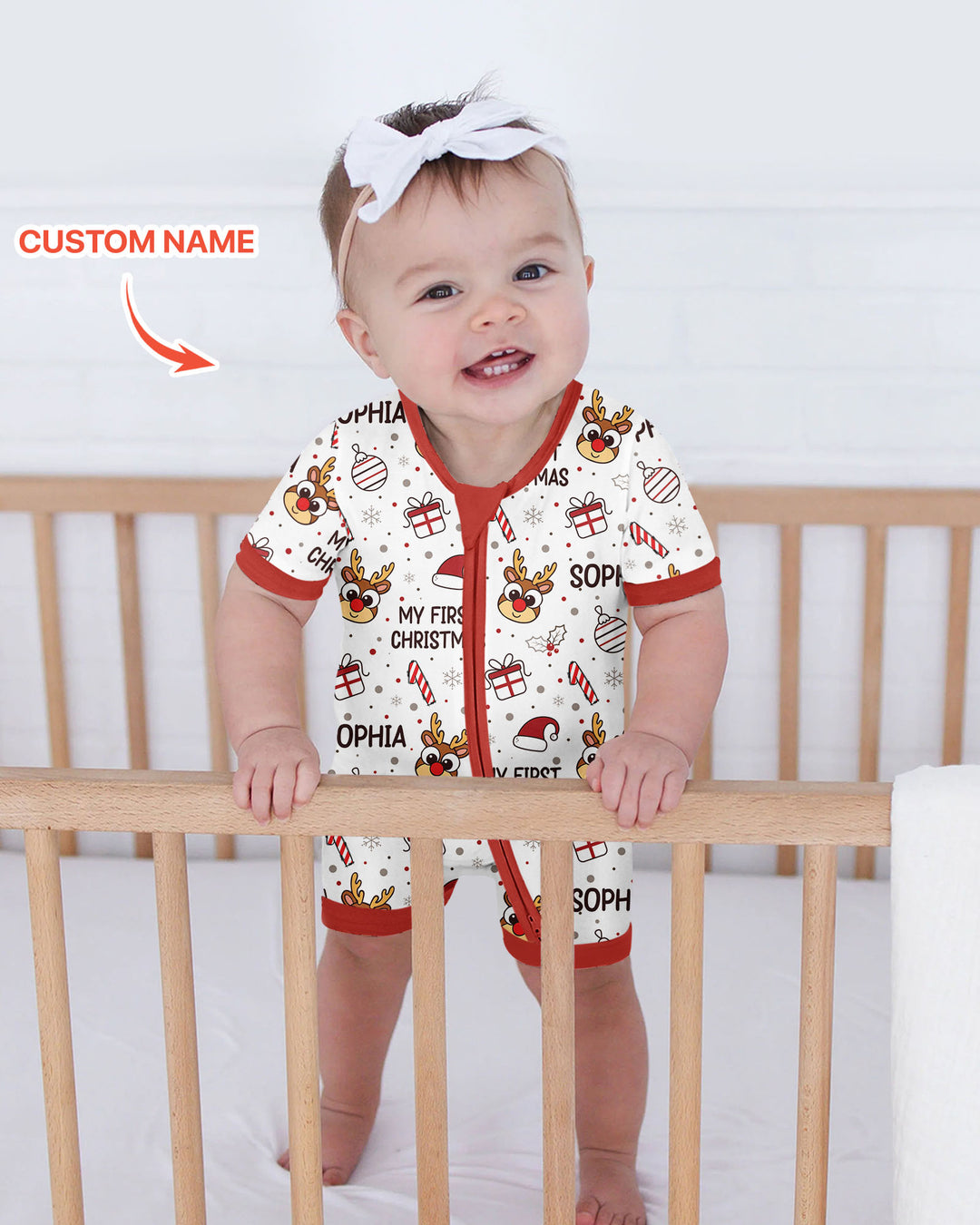 Custom Name Reindeer Doodle My First Christmas Bamboo Shorty Zippy