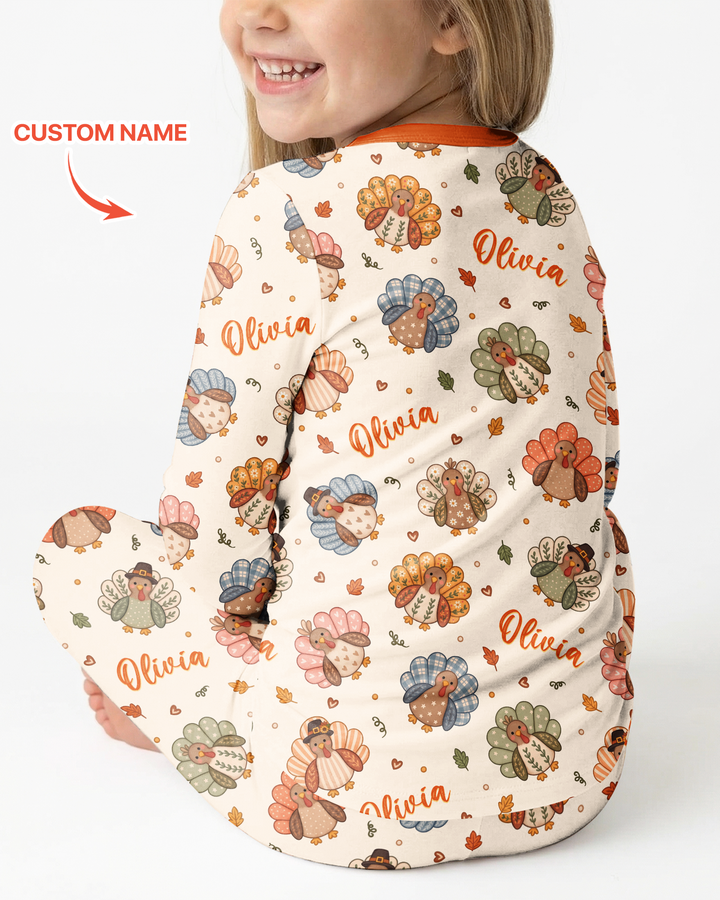 Custom Name Boho Turkey Bamboo Two Piece Long Sleeve Pajama Set