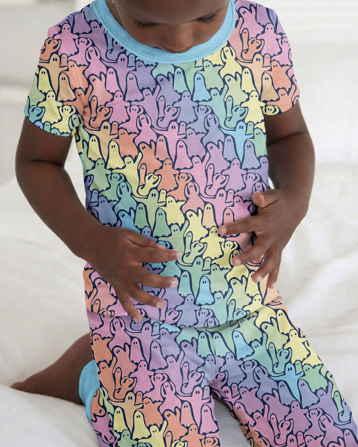 Pastel Rainbow Ghost Halloween Bamboo Two Piece Short Sleeve Pajama Set