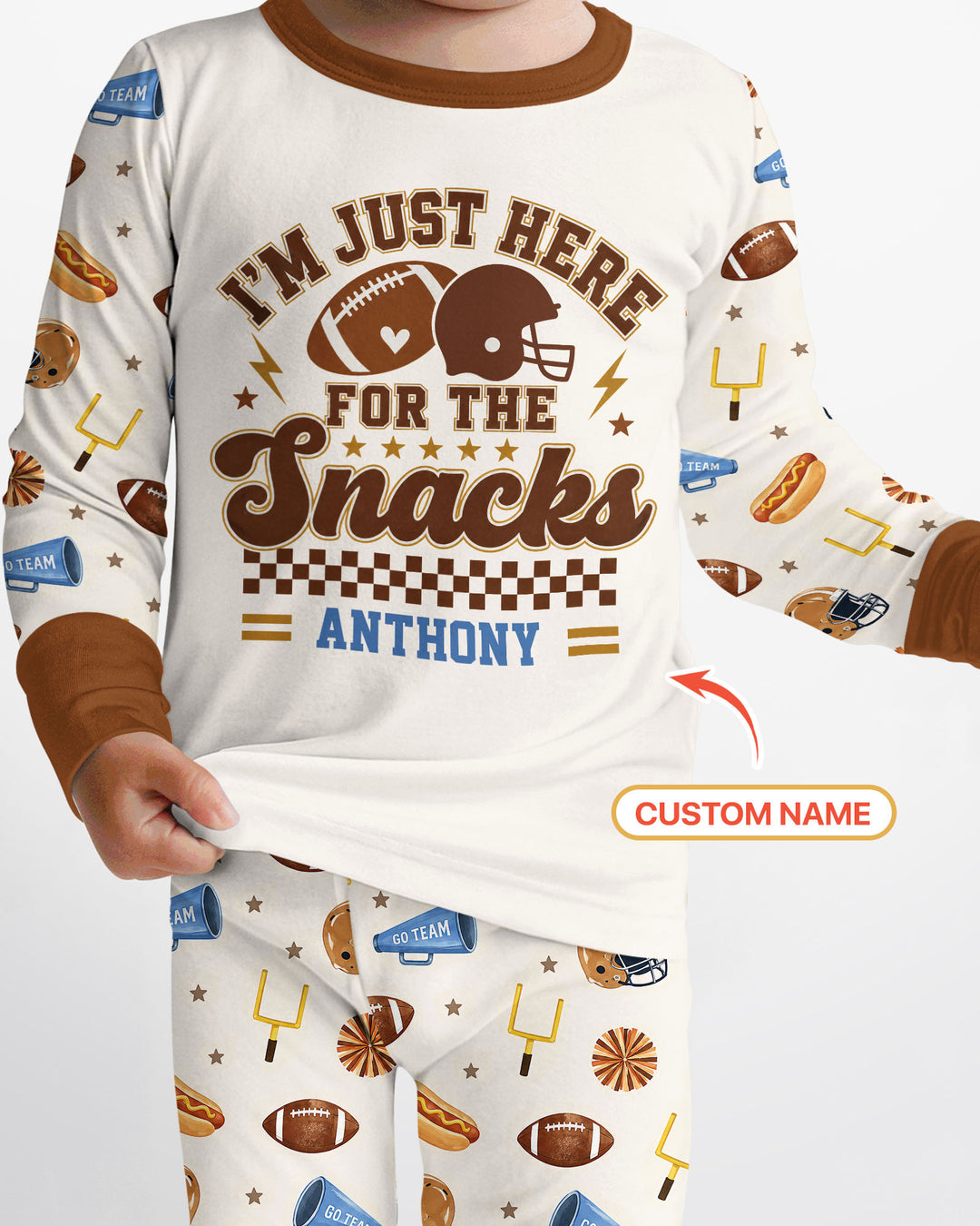 Custom Name Football I'm Just Here For The Snacks Bamboo Two Piece Long Sleeve Pajama Set