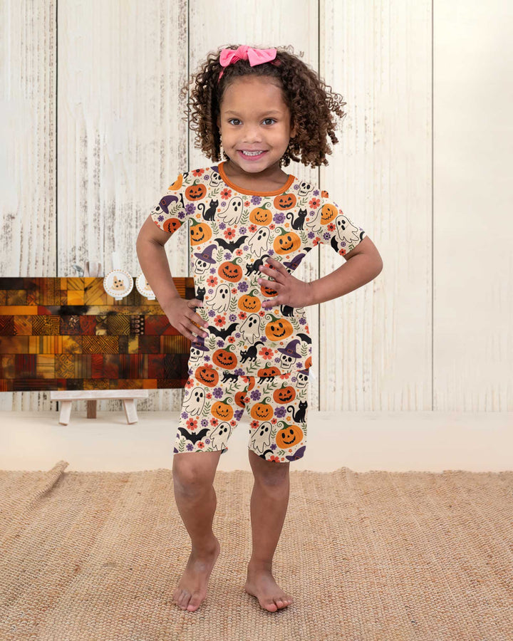 Spooky Halloween Floral Delight Bamboo Two Piece Short Sleeve Shorts Pajama Set