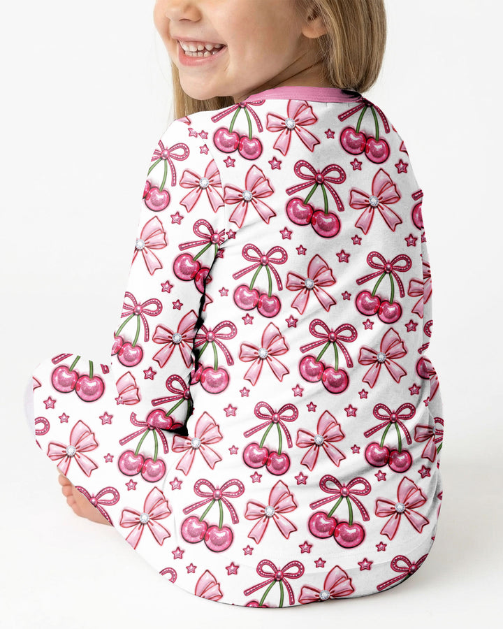 Pink Glitter Cherry Bows Bamboo Two Piece Long Sleeve Pajama Set