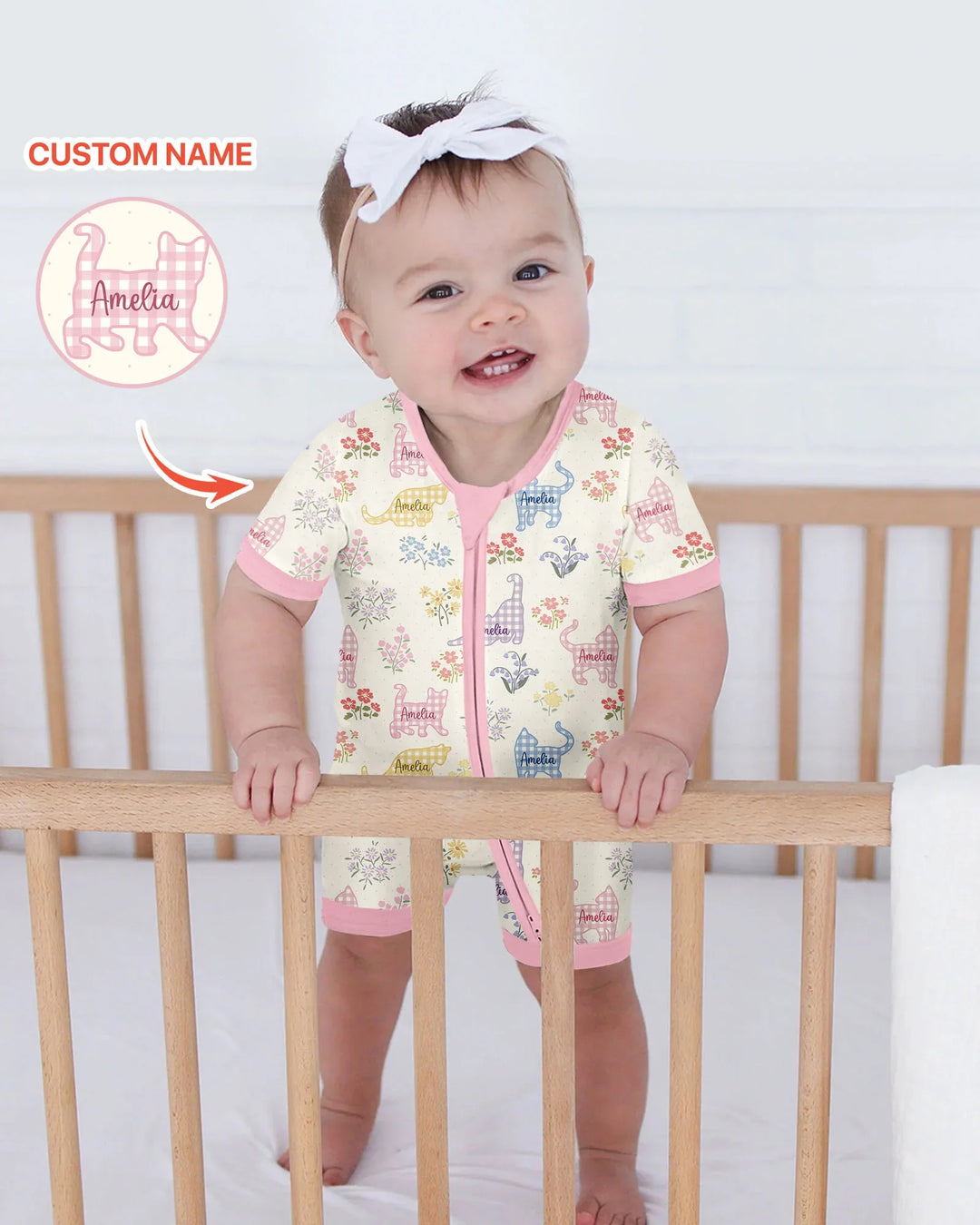 Gingham Cats Custom Name Bamboo Shorty Zippy