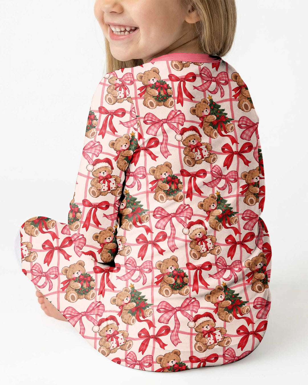 Pink Christmas Teddy Bear Plaid Mommy & Me Matching Bamboo Two Piece Long Sleeve Pajama Set