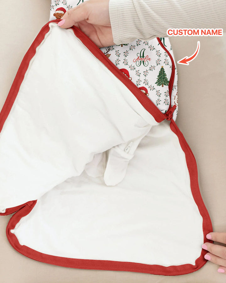 Custom name "Fancy Monogram Red Christmas 2026" Bamboo Sleep Bag