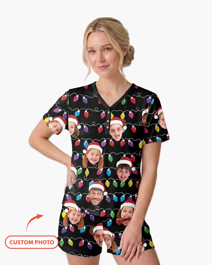 Custom Face Christmas Family Silly Xmas Leds Bamboo Women Short Sleeve Short Pajama Set