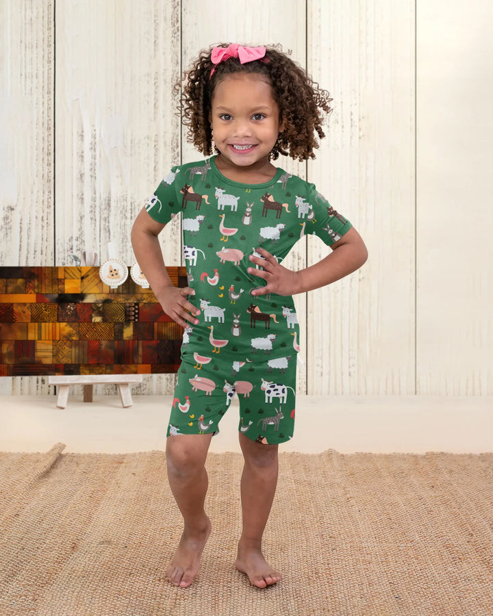 Green Farm Animals Bamboo Two Piece Short Sleeve Shorts Pajama Set