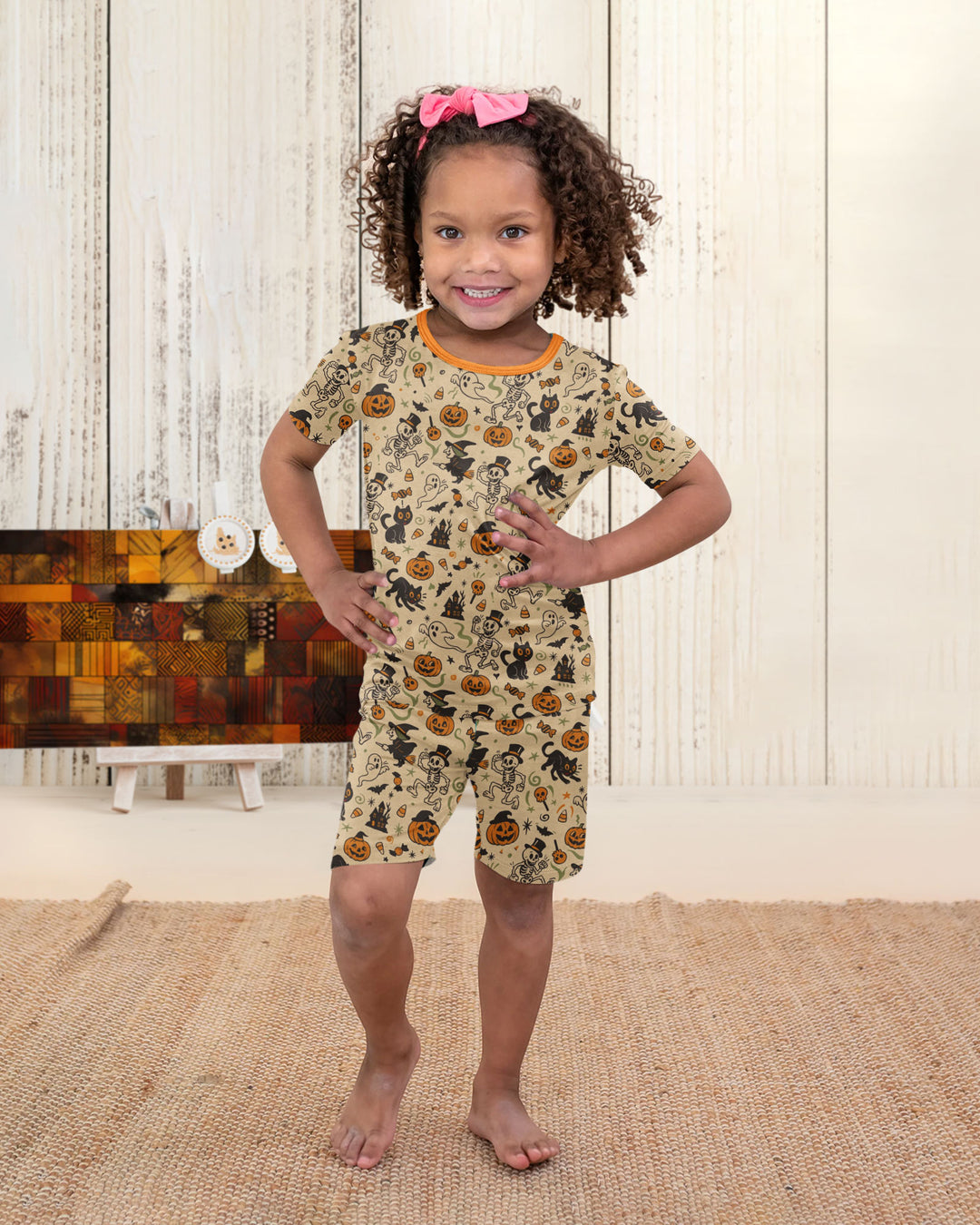 Vintage Skeleton Pumpkin Halloween Bamboo Two Piece Short Sleeve Shorts Pajama Set