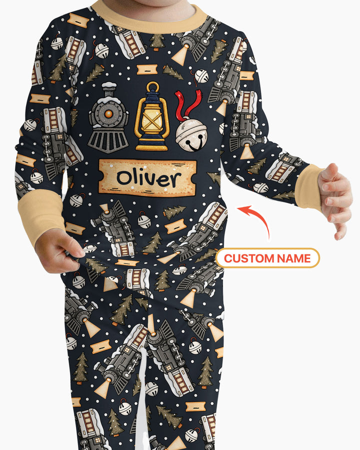 Custom Name Believe Kid Train Bamboo Two Piece Long Sleeve Pajama Set