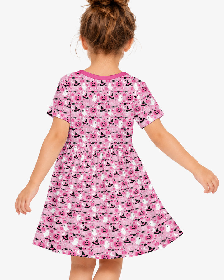 Cute Pink Halloween Ghost Pumpkin Witch Bamboo Twirl Dress