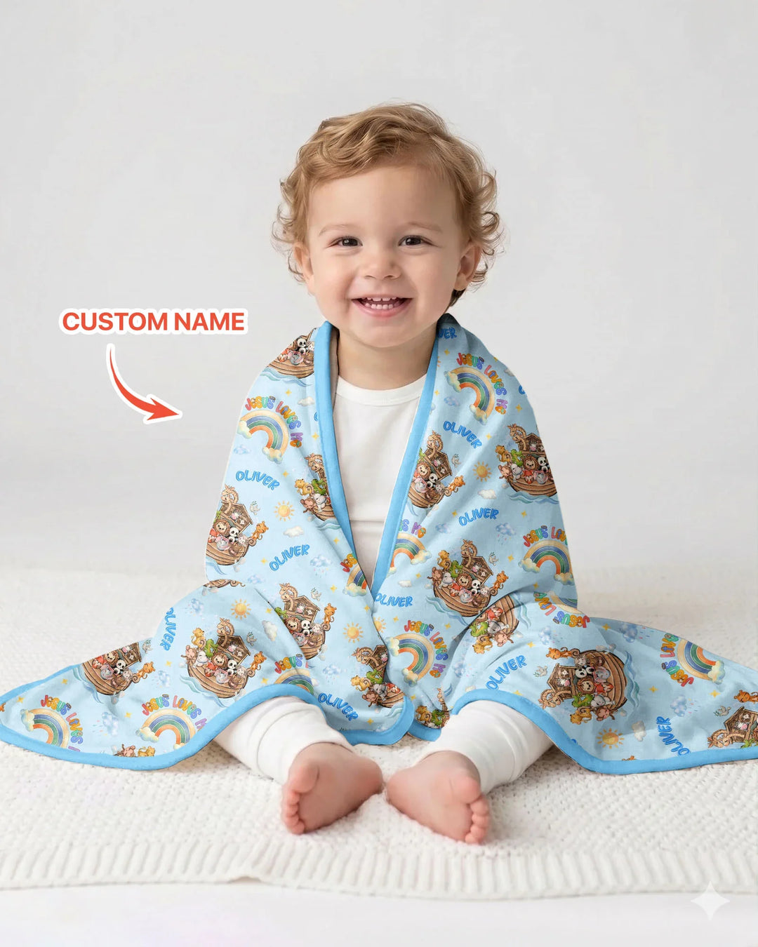 Custom Name Jesus Loves Me Noah's Ark Bamboo Blanket