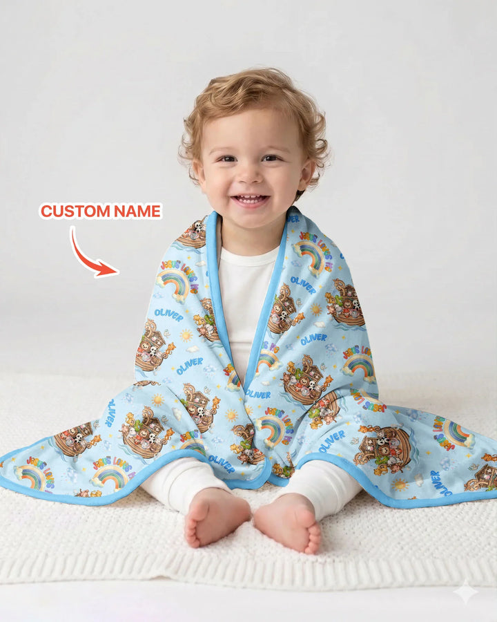 Custom Name Jesus Loves Me Noah's Ark Bamboo Blanket