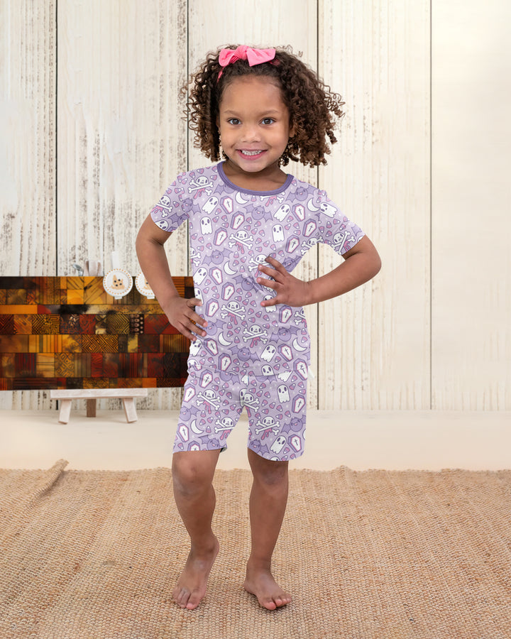 Cute Ghost Halloween Pastel Purple Spooky Bamboo Two Piece Short Sleeve Shorts Pajama Set