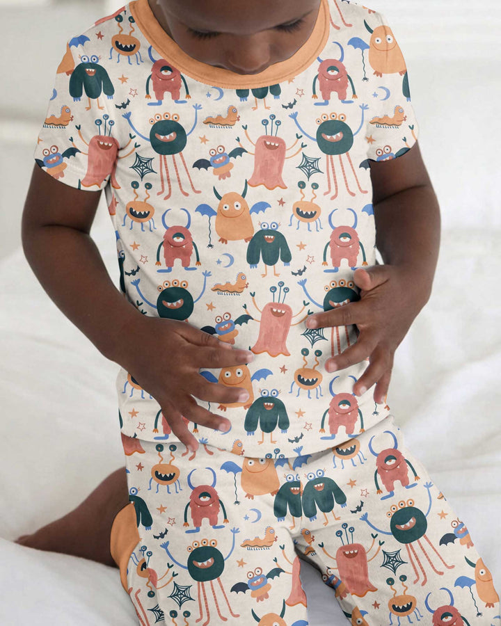 Monsters Fun Pastels Hand Painted Cute Bamboo Two Piece Short Sleeve Pajama Set