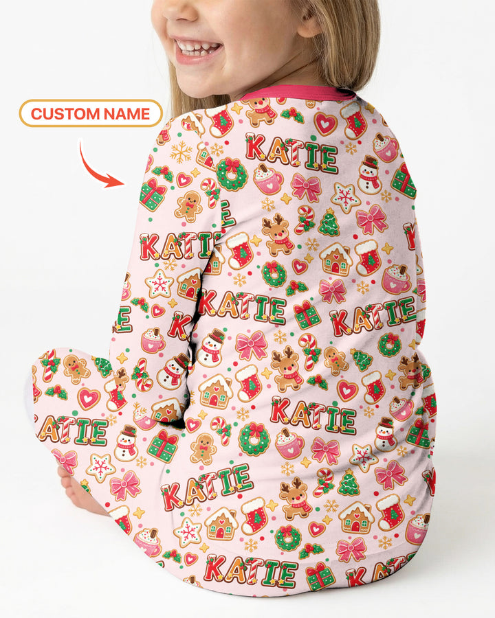 Pink GingerBread Custom Name Bamboo Two Piece Long Sleeve Pajama Set
