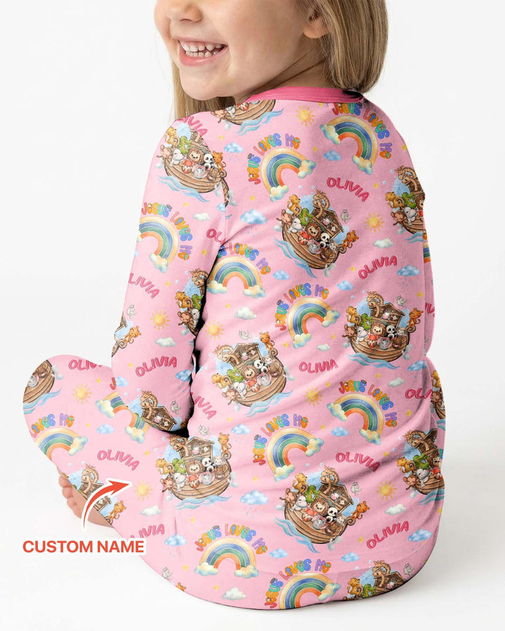 Custom Name Jesus Loves Me Noah's Ark Bamboo Two Piece Long Sleeve Pajama Set