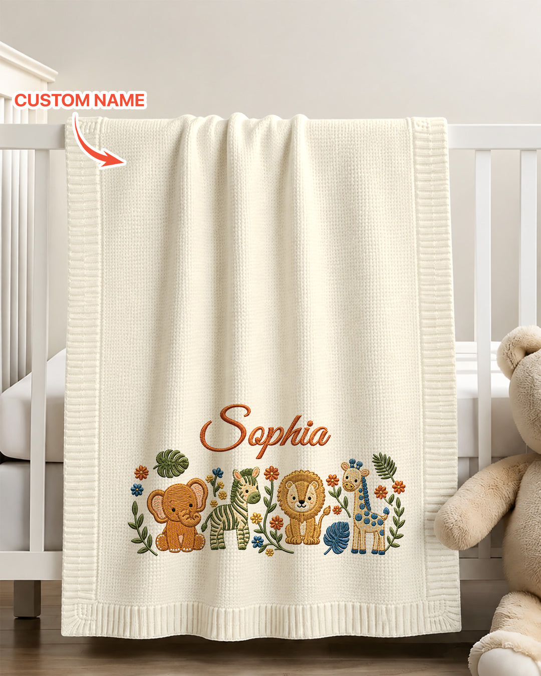 Safari Animal Embroidered Baby Cotton Blanket