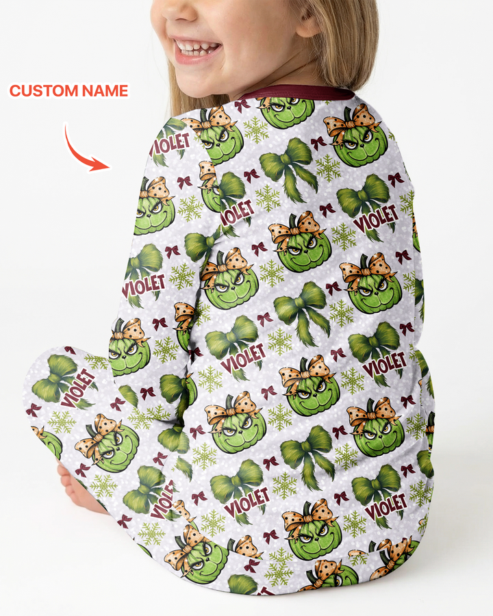Custom Name Grumpy Green Christmas Bamboo Two Piece Long Sleeve Pajama Set